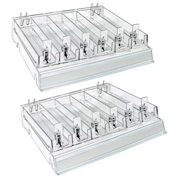 Clear 6 Compartment Divider Bin Cosmetic Tray with Pushers - 6 Slots per Tray, 2-Pack, Azar Displays, Mfr#: 225830-6COMP-CLR-2PK